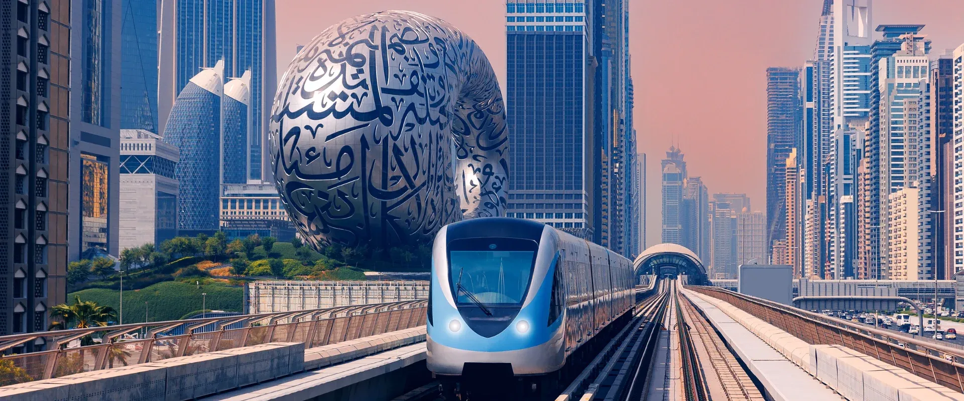 Dubai cityscape, modern metro railway with skyscrapers, sunset. Train and building with urban background. Famous tourist landmark of city UAE